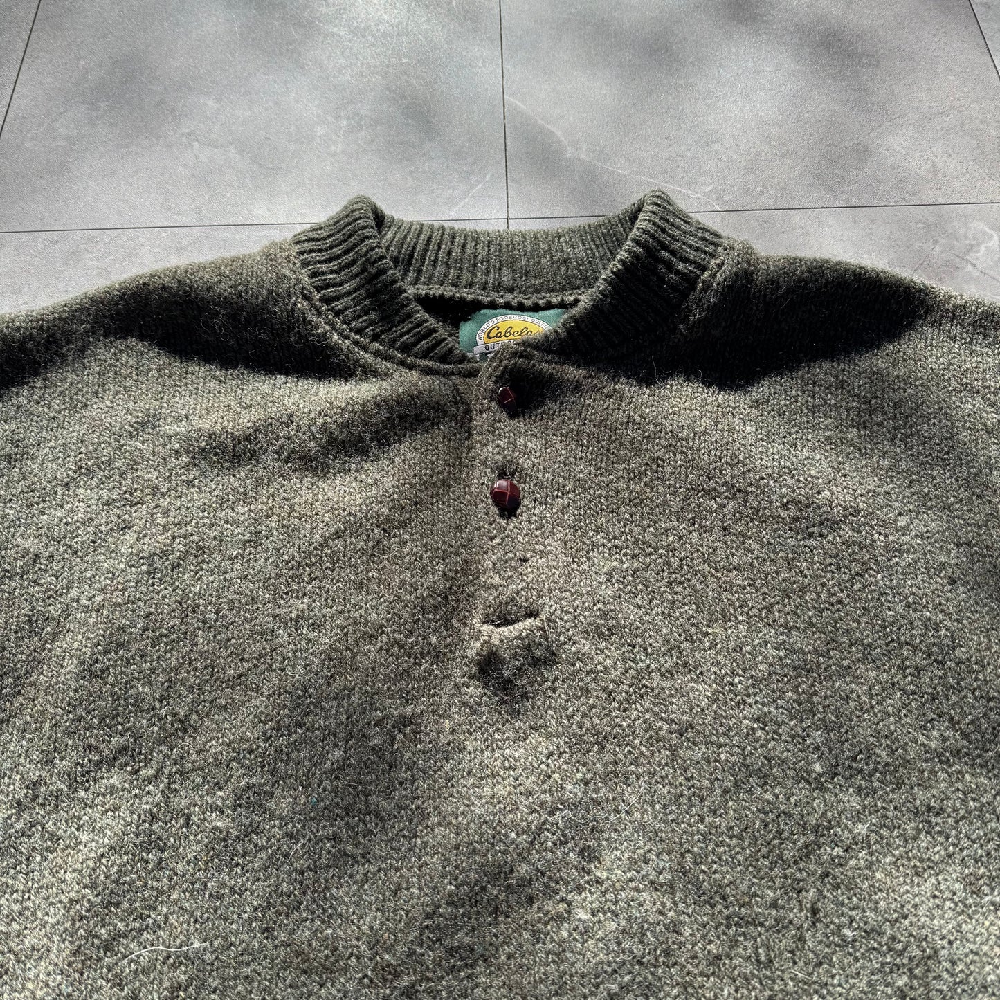 90s Cabela's Made in USA Wool Henley Neck Elbow Patch Knit