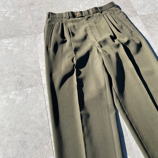 80s Perry Ellis Portfolio Olive Green Three-Tuck Wide Leg Wool-Blend Slacks 34x32 KiiChain Clothing