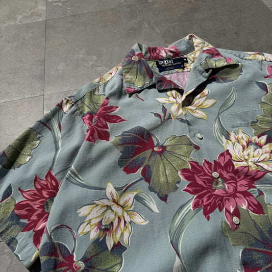 80s-90s Ralph Lauren Made in USA Light Blue Floral Open Collar Shirt KiiChain Clothing