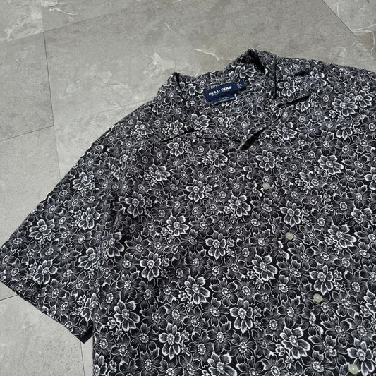 90s-00s Ralph Lauren Polo Golf Clayton Black Floral Linen x Cotton Open Collar Shirt KiiChain Clothing