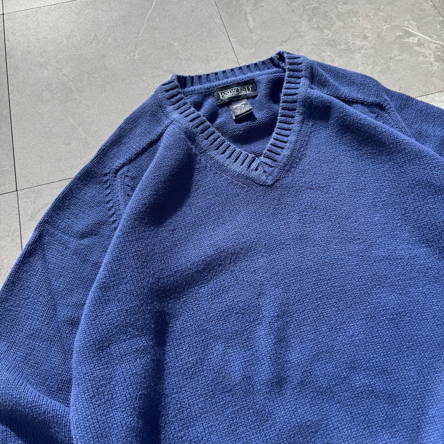 90s Lands' End Women’s “Drifter Sweater” Made in USA Blue V-Neck Knit
