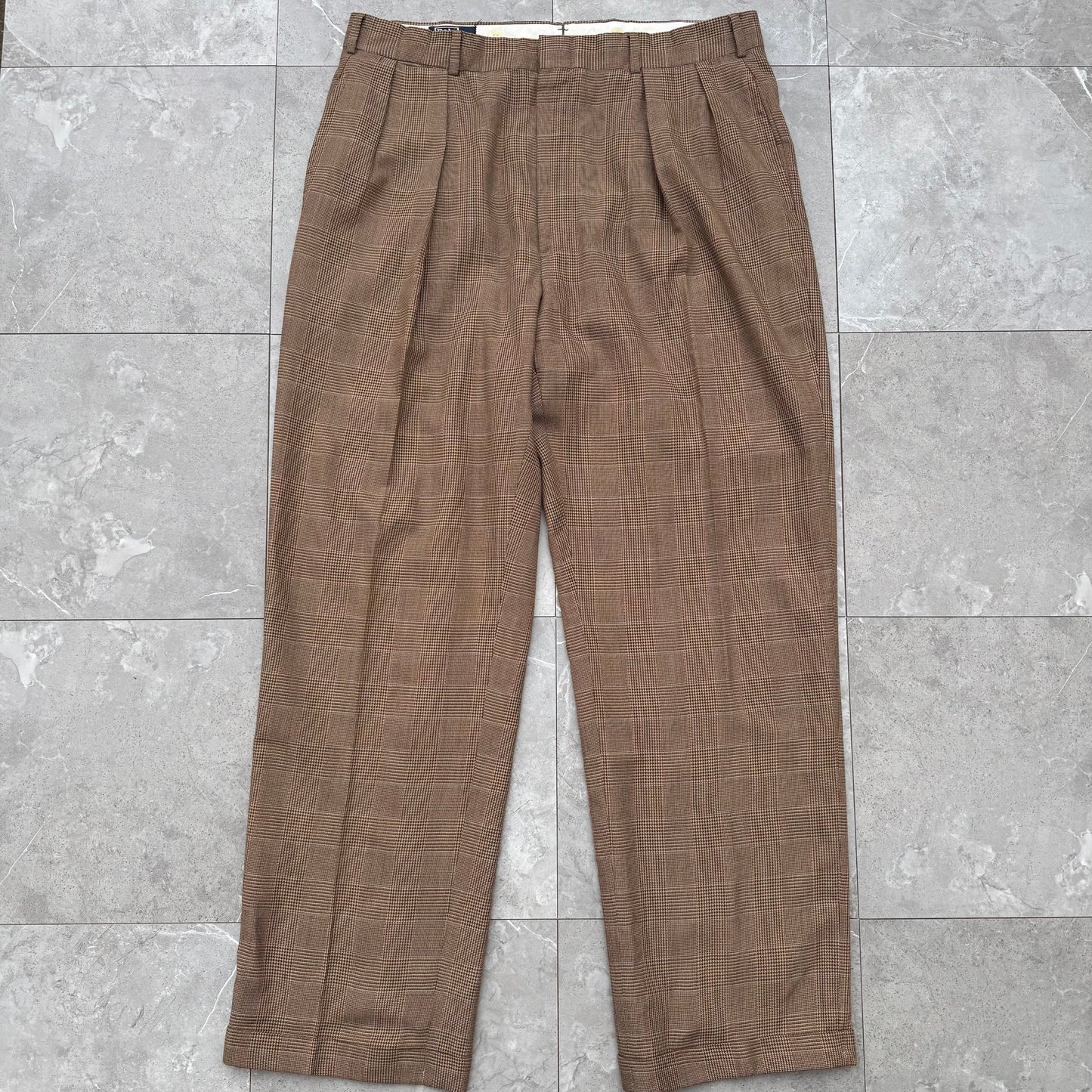 80s-90s Polo by Ralph Lauren Made in USA from Imported Fabric Brown Houndstooth Pleated Checkered Slacks KiiChain Clothing