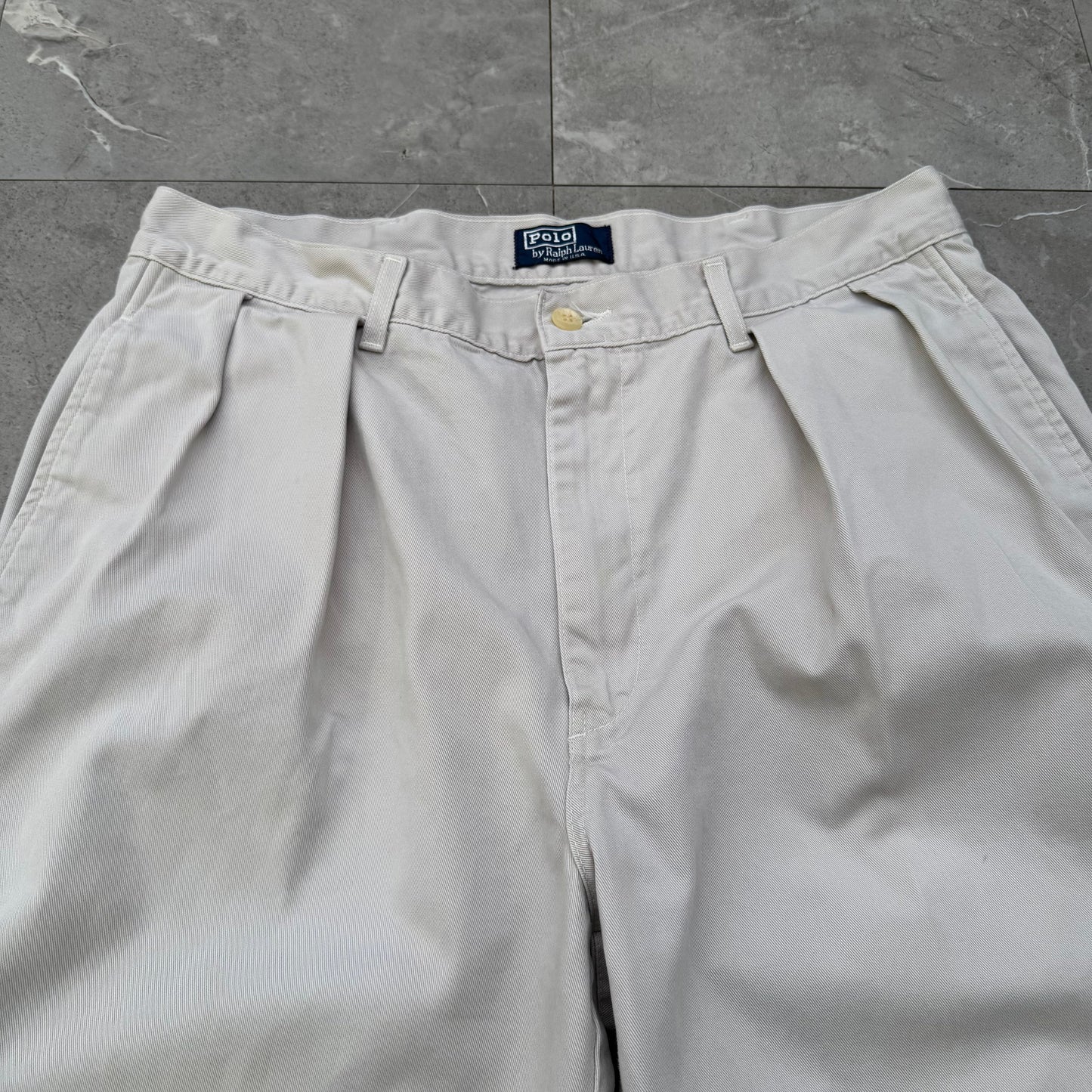 80s-90s Polo by Ralph Lauren Made in USA Cream/White Pleated Chino Pants 34x32 KiiChain Clothing