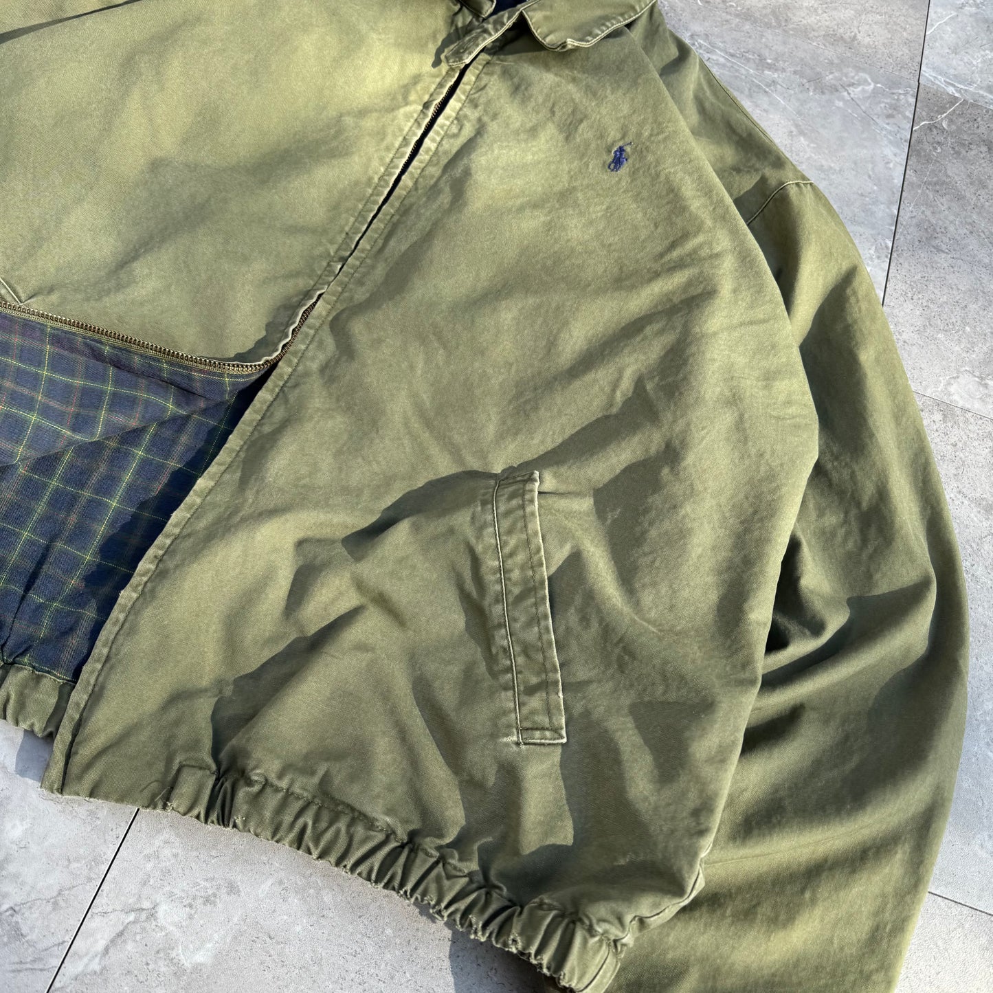 80s-90s Polo by Ralph Lauren Olive Green Cotton Checkered Lining Swing Top Jacket