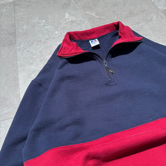 90s Russell Athletic Rare Made in USA Half-Zip Two Tone Navy/Red Sweatshirt KiiChain Clothing