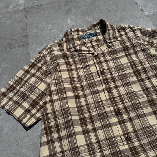 90s-00s Ralph Lauren Brown Checkered Cotton x Linen Open Collar Shirt KiiChain Clothing