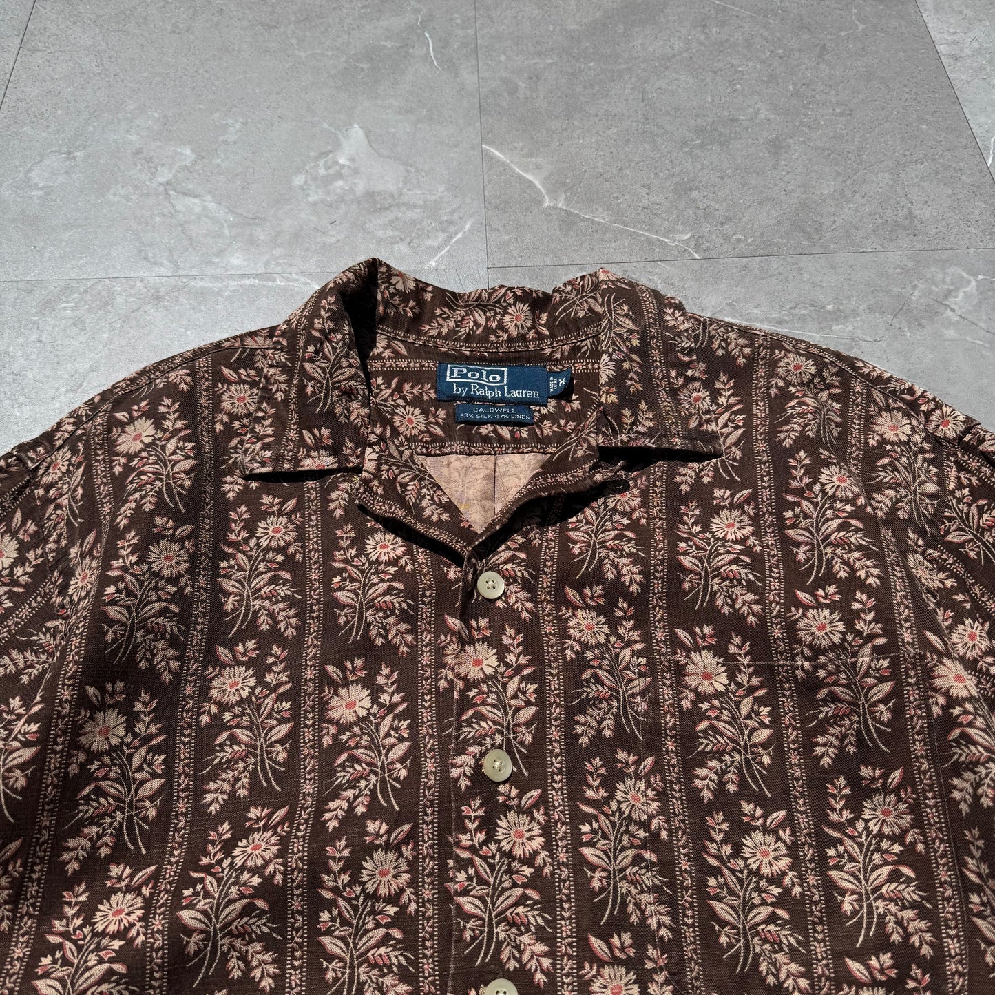 90s-00s Ralph Lauren Caldwell Silk x Linen Brown Floral Open Collar Shirt KiiChain Clothing
