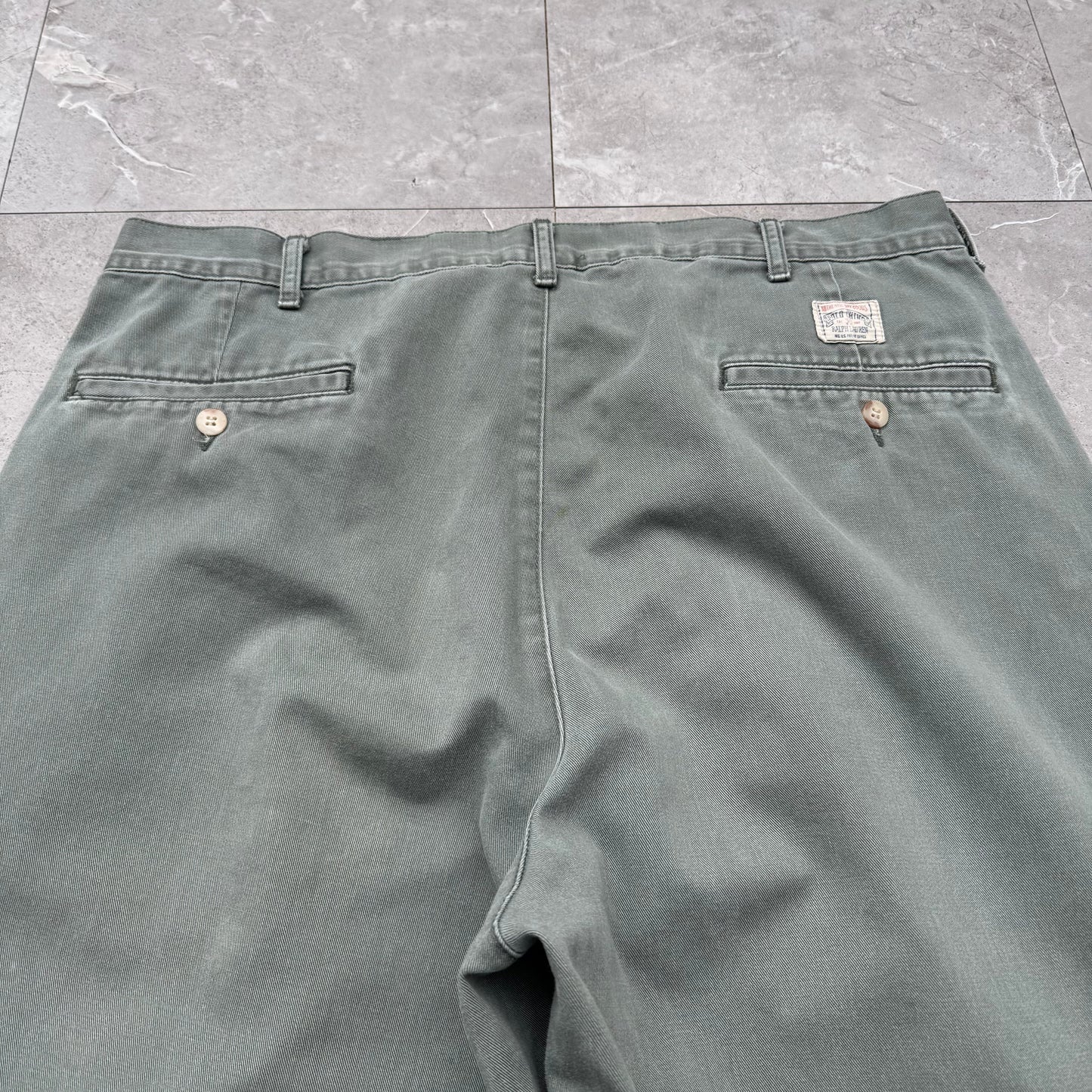 80s-90s Polo by Ralph Lauren Made in USA Faded Green Pleated Chino Pants 36x32 KiiChain Clothing