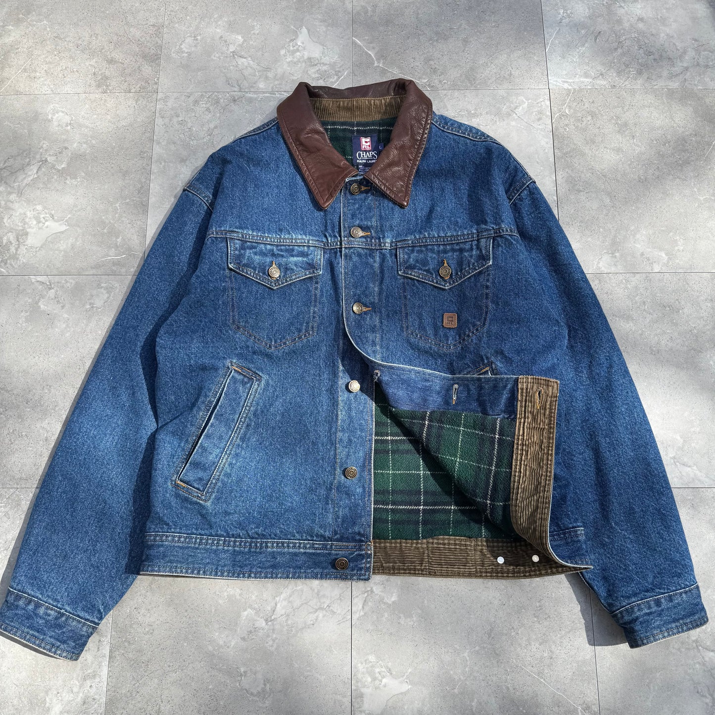 90s Chaps Ralph Lauren Leather Collar Flannel-Lined Denim Jacket