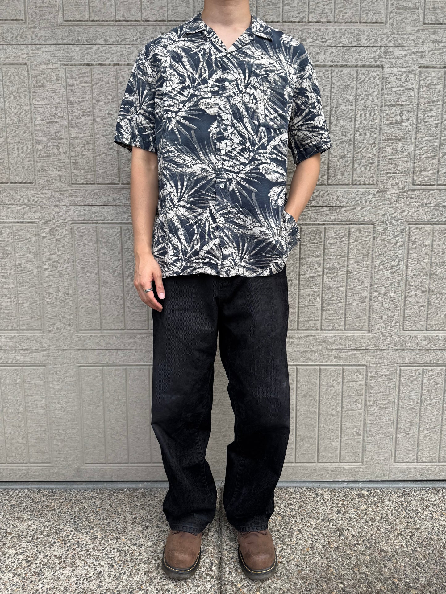 90s-00s Ralph Lauren Clayton Black Silk x Linen Open Collar Shirt KiiChain Clothing