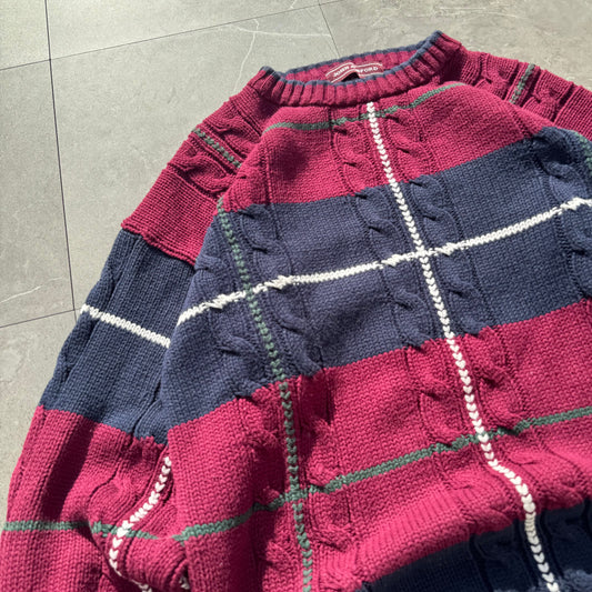90s John Ashford Heavyweight Red/Navy Checkered Cotton Cable Knit KiiChain Clothing