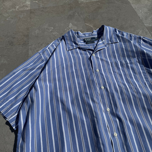 90s Ralph Lauren “Caldwell” Two-Ply Cotton Blue Stripe Open Collar Shirt KiiChain Clothing