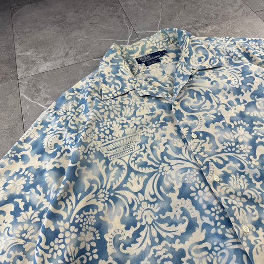 80s-90s Polo by Ralph Lauren Light Blue Paisley Cotton x Linen x Ramie Open Collar Shirt