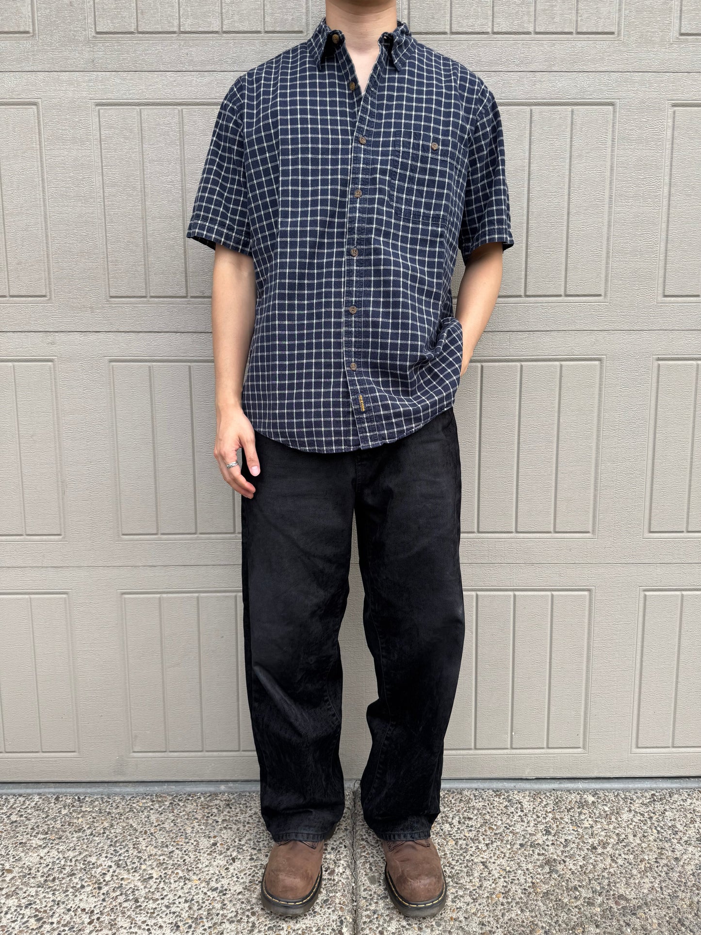 90s Wool Rich Navy Checkered Heavyweight Cotton Short Sleeve Shirt KiiChain Clothing