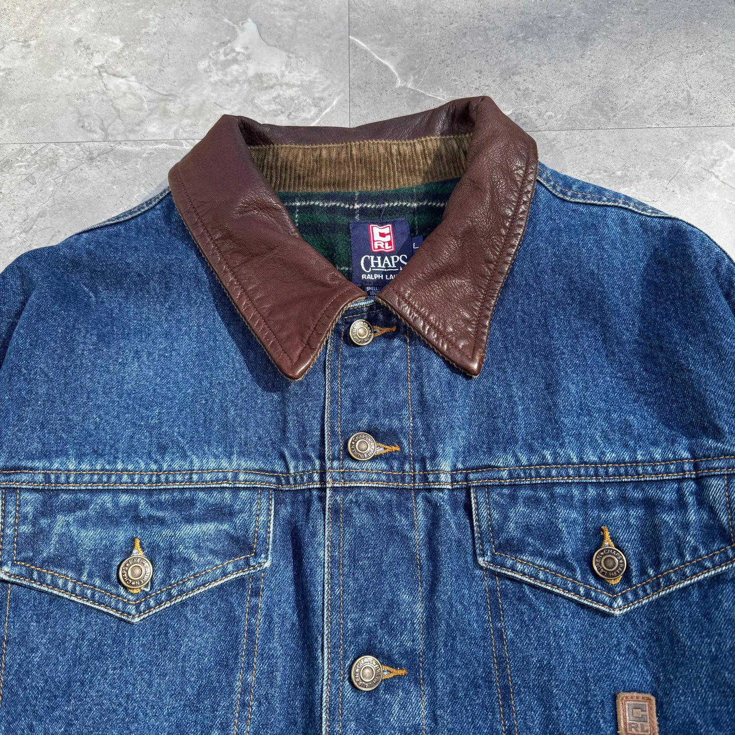 90s Chaps Ralph Lauren Leather Collar Flannel-Lined Denim Jacket