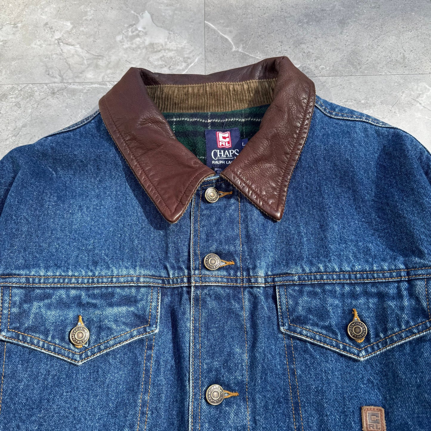 90s Chaps Ralph Lauren Leather Collar Flannel-Lined Denim Jacket KiiChain Clothing