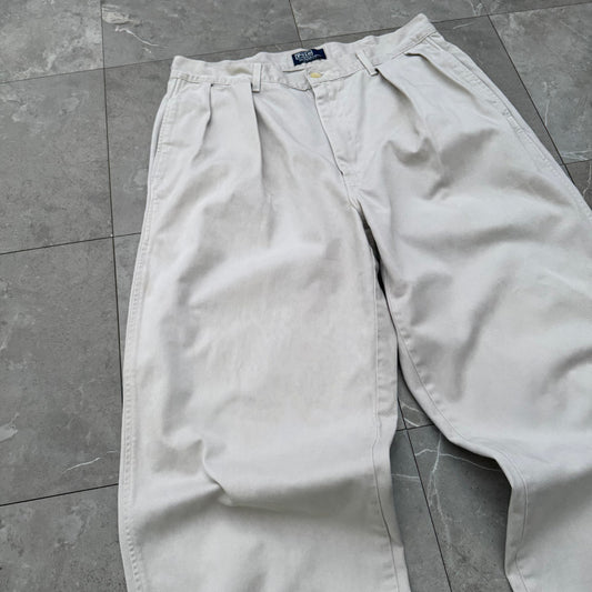 80s-90s Polo by Ralph Lauren Made in USA Cream/White Pleated Chino Pants 34x32 KiiChain Clothing