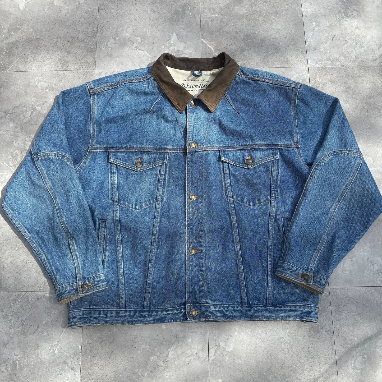 90s St. John's Bay Leather Collar Denim Jacket KiiChain Clothing