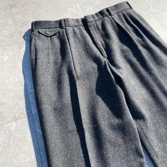 80s-90s Ralph Lauren Dark Gray Two-Tuck Pleated Checkered Wool Slacks KiiChain Clothing