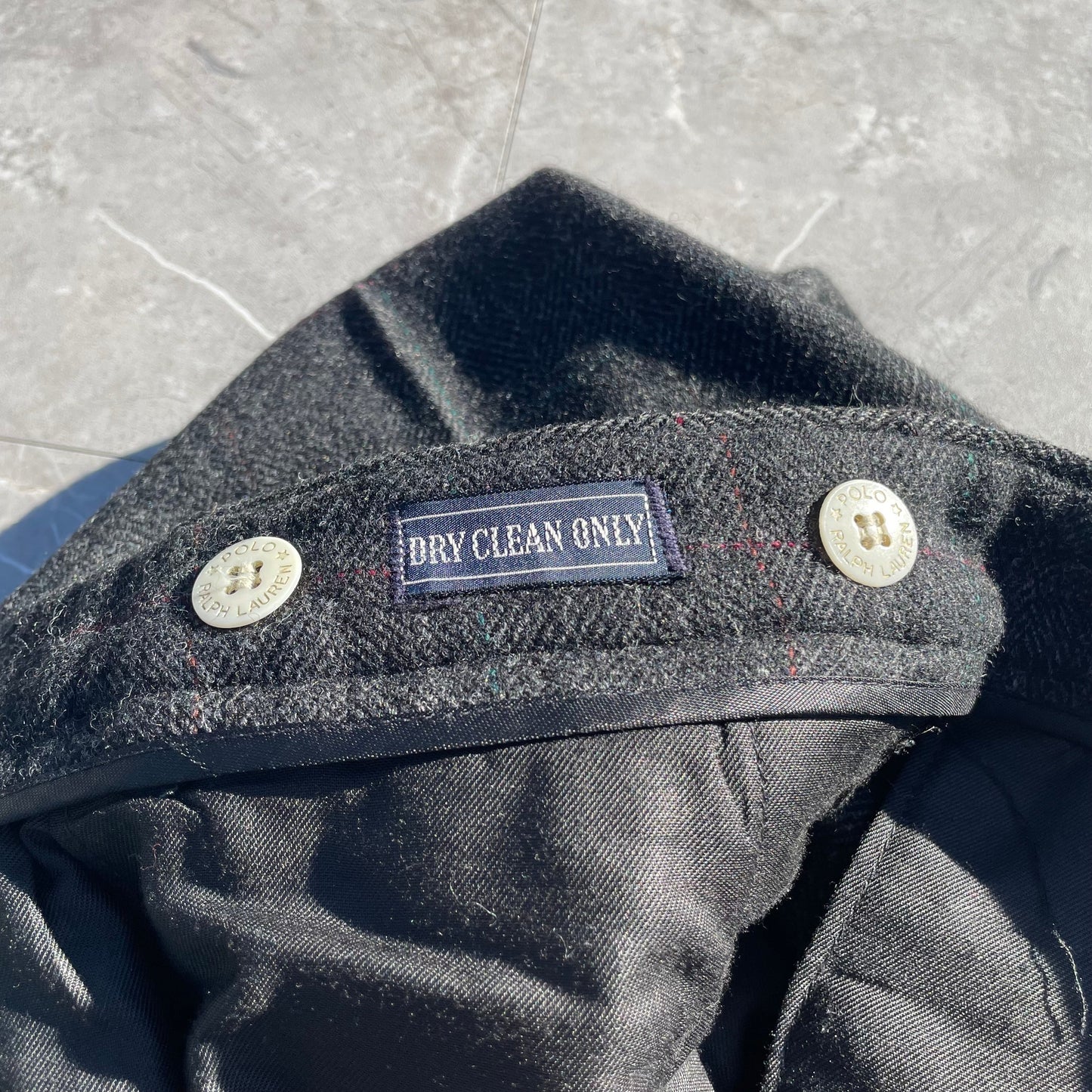 80s-90s Ralph Lauren Dark Gray Two-Tuck Pleated Checkered Wool Slacks KiiChain Clothing