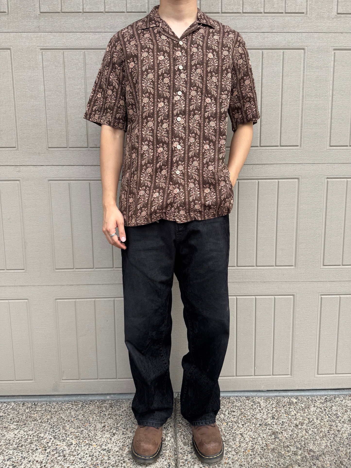 90s-00s Ralph Lauren Caldwell Silk x Linen Brown Floral Open Collar Shirt KiiChain Clothing