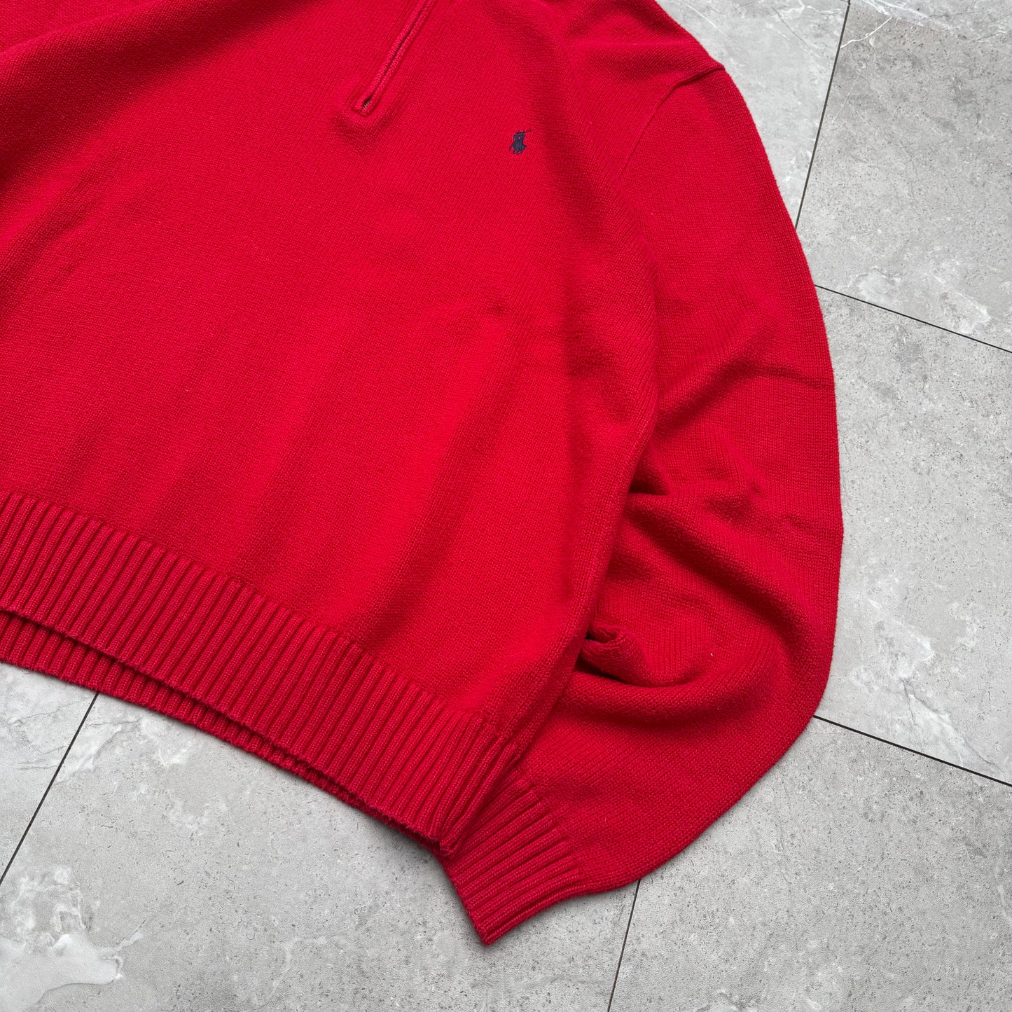 90s Polo by Ralph Lauren “Exclusive of Decoration” Red Quarter-Zip Sweater KiiChain Clothing