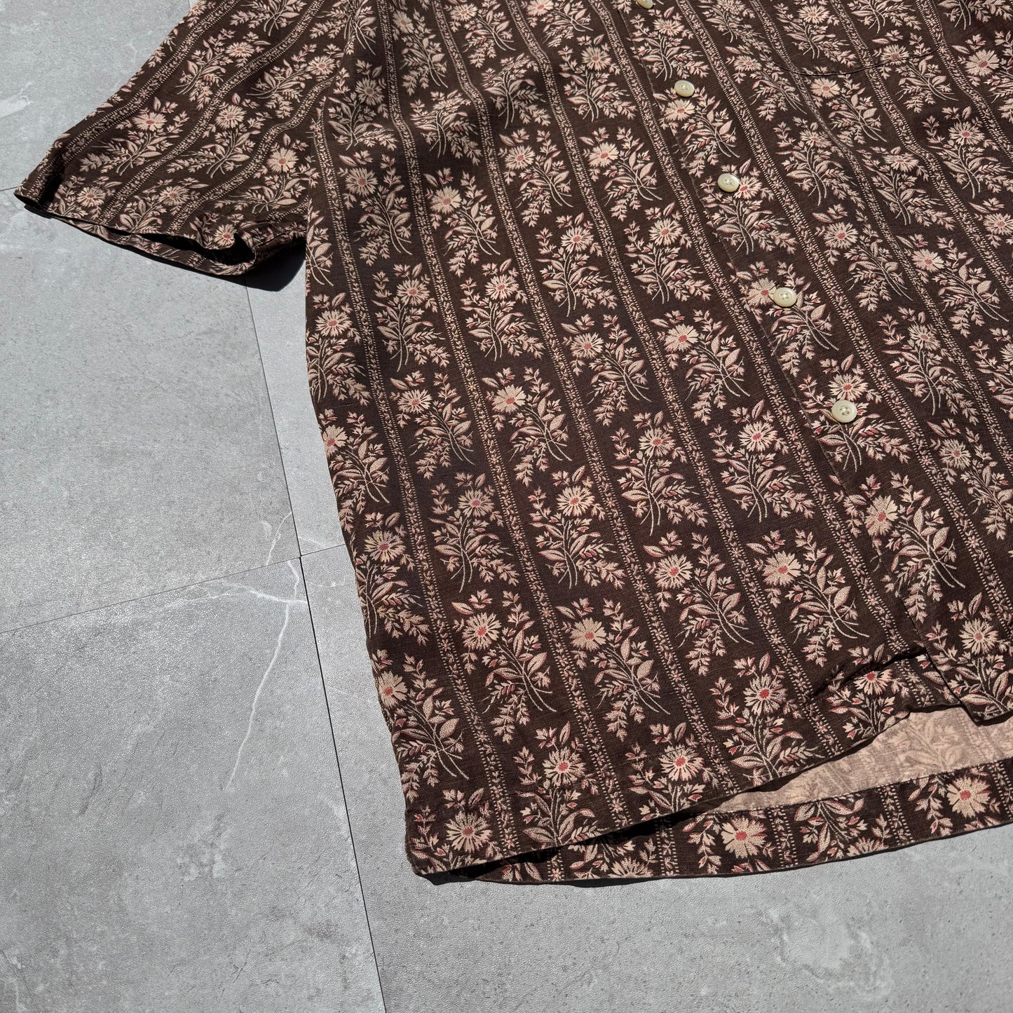 90s-00s Ralph Lauren Caldwell Silk x Linen Brown Floral Open Collar Shirt KiiChain Clothing
