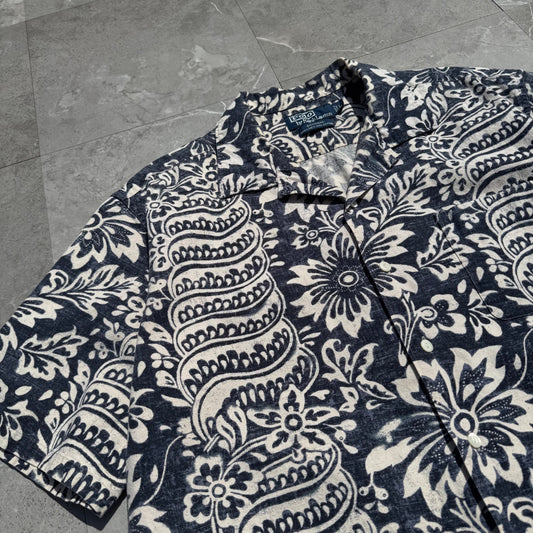 90s-00s Ralph Lauren Bonnard Black/Navy Paisley Linen x Cotton Open Collar Shirt KiiChain Clothing