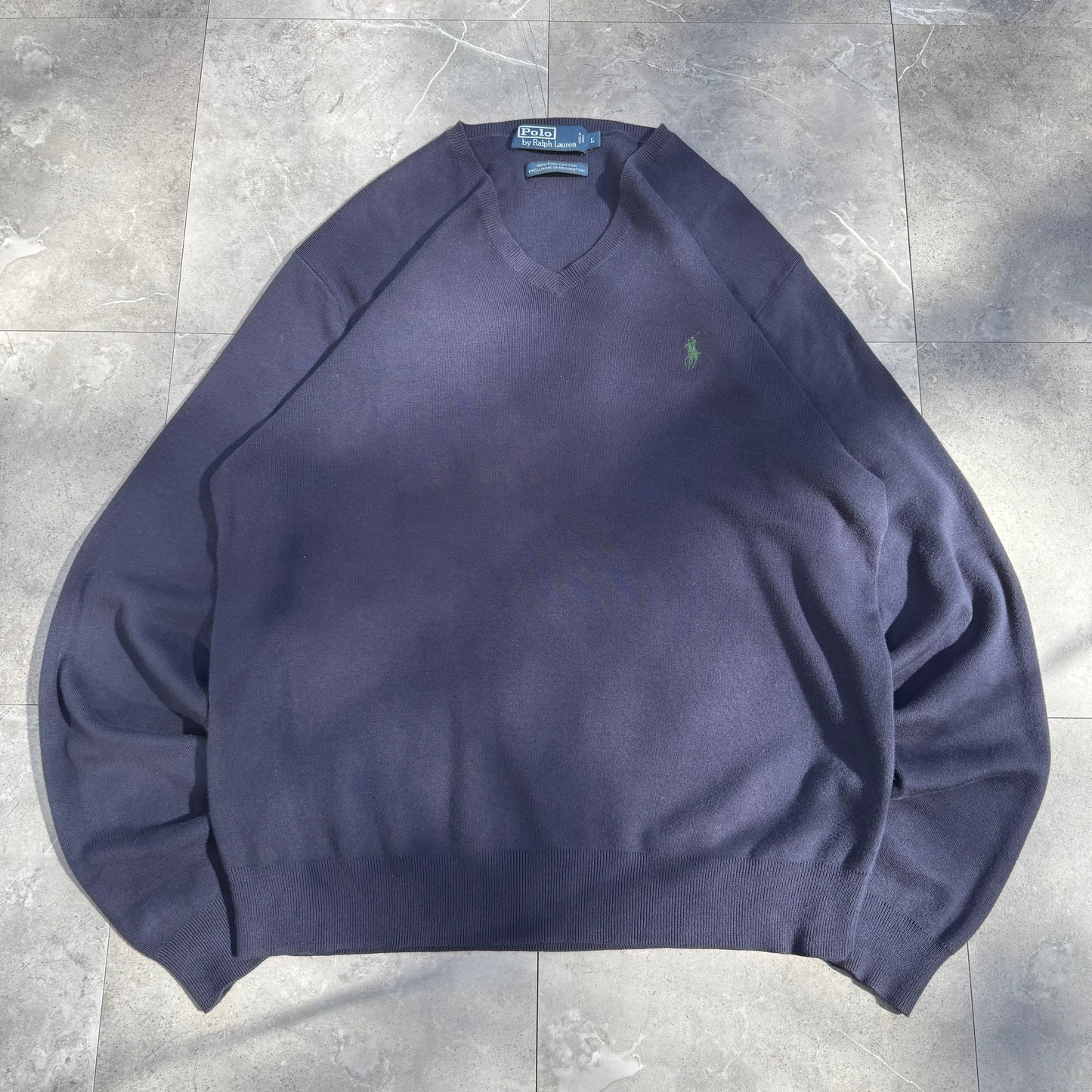 90s Polo by Ralph Lauren 100% Pima Cotton “Exclusive of Decoration” Navy V-Neck Sweater KiiChain Clothing