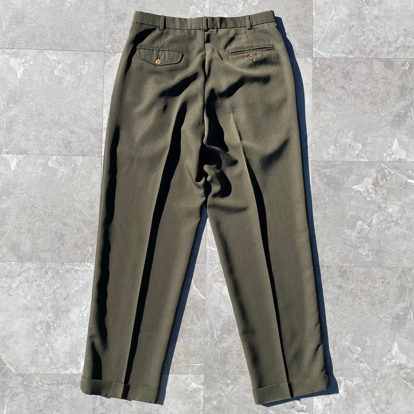 80s Perry Ellis Portfolio Olive Green Three-Tuck Wide Leg Wool-Blend Slacks 34x32 KiiChain Clothing