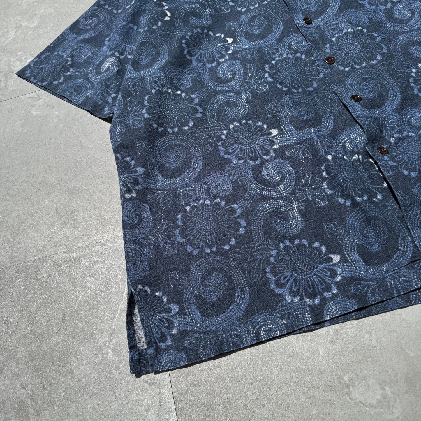 90s-00s Ralph Lauren Caldwell Dark Blue Linen x Cotton Floral Open Collar Shirt KiiChain Clothing