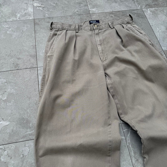80s-90s Polo by Ralph Lauren Made in USA Faded Gray Pleated Chino Pants 35x32 KiiChain Clothing