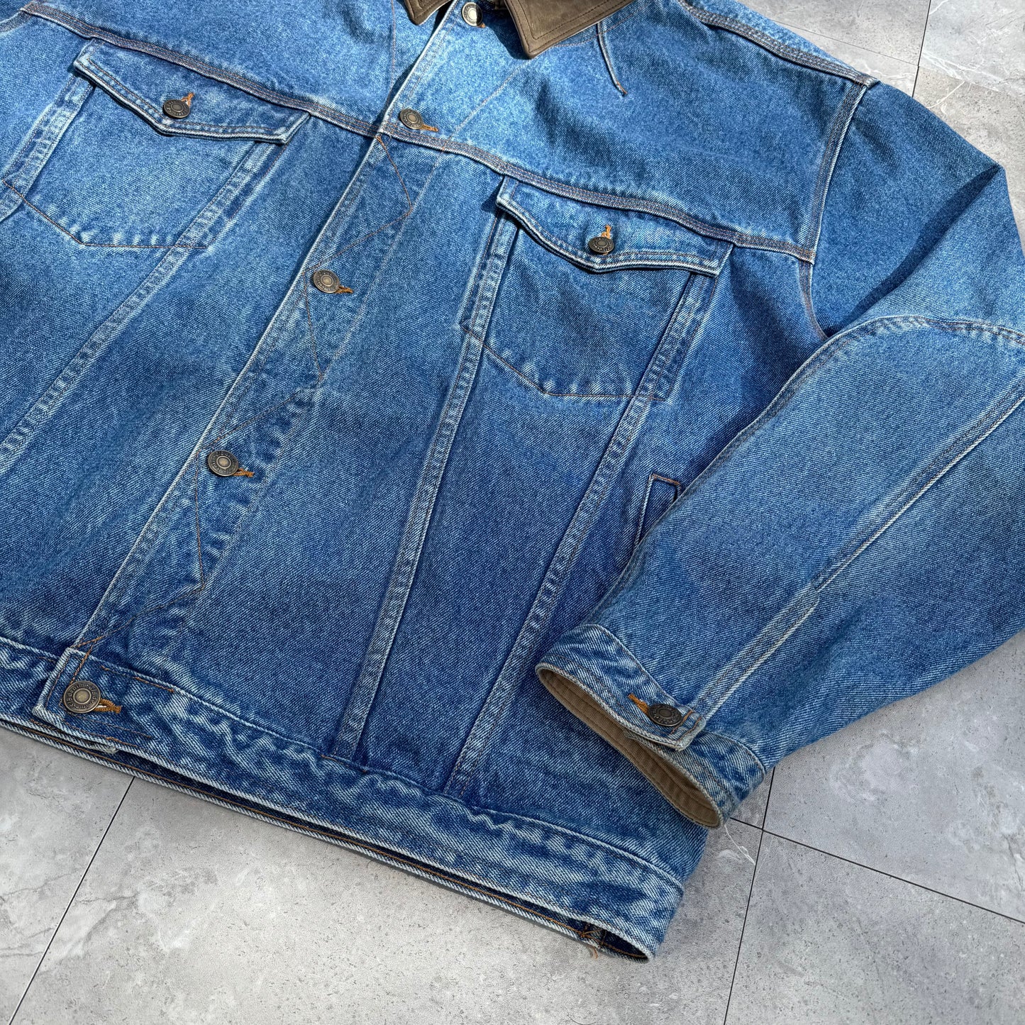 90s St. John's Bay Leather Collar Denim Jacket