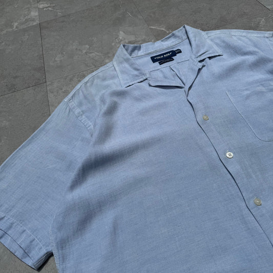90s-00s Ralph Lauren Polo Golf Caldwell Blue Herringbone Silk x Linen Open Collar Shirt KiiChain Clothing