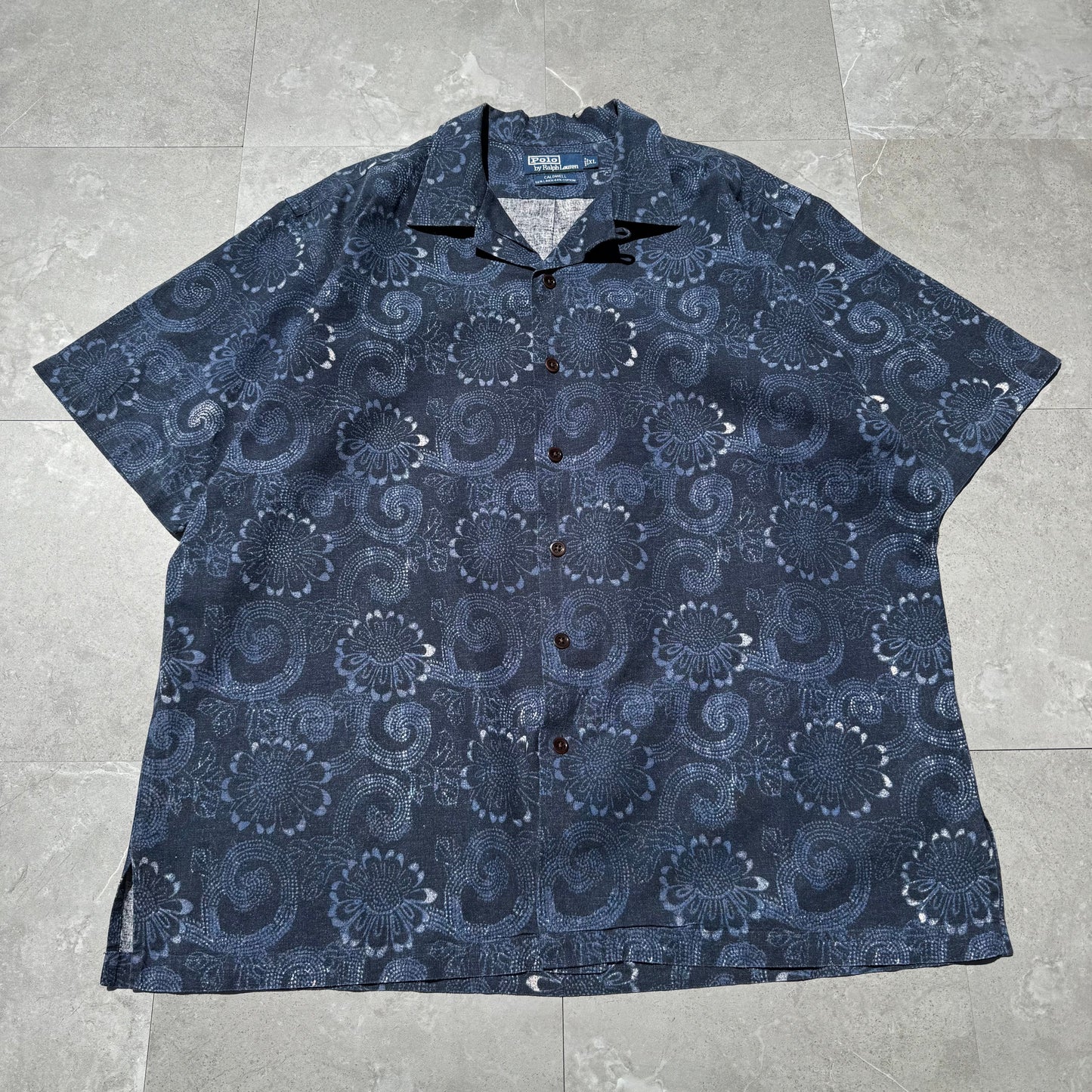 90s-00s Ralph Lauren Caldwell Dark Blue Linen x Cotton Floral Open Collar Shirt KiiChain Clothing