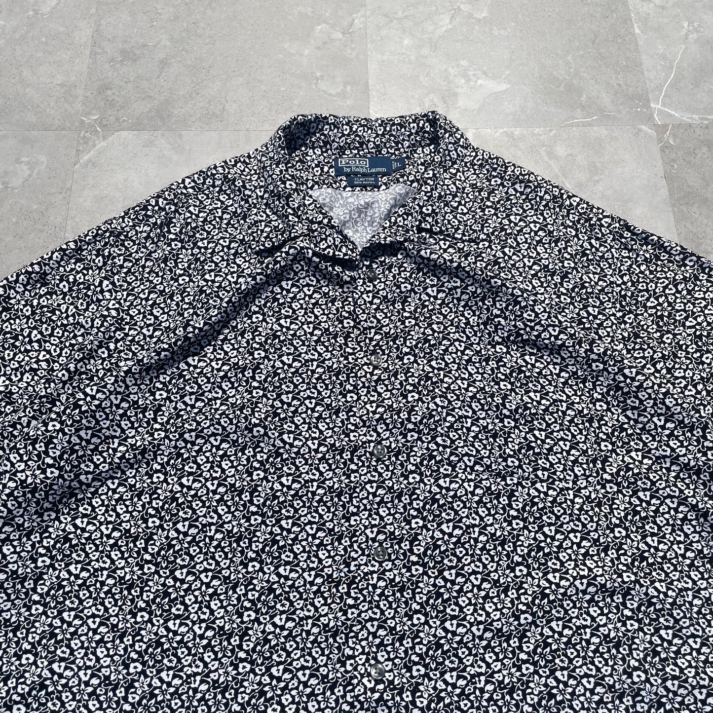 90s Ralph Lauren Clayton Black White Floral Hawaiian Shirt KiiChain Clothing