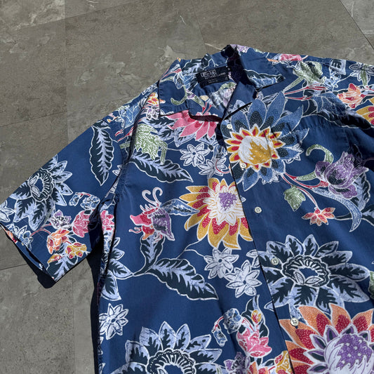 80s-90s Ralph Lauren Made in USA Blue Floral Open Collar Shirt KiiChain Clothing