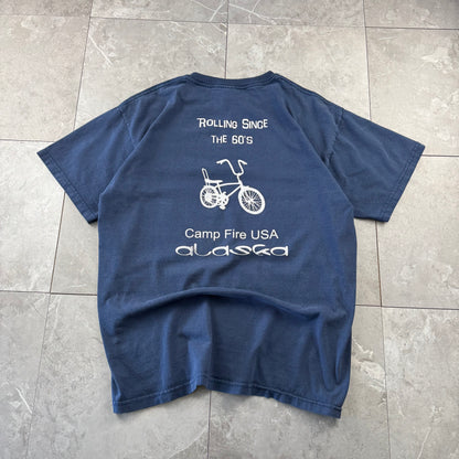 90s-00s Gildan Rolling Since the 60s Camp Fire USA Alaska Navy Bicycle Graphic T-Shirt