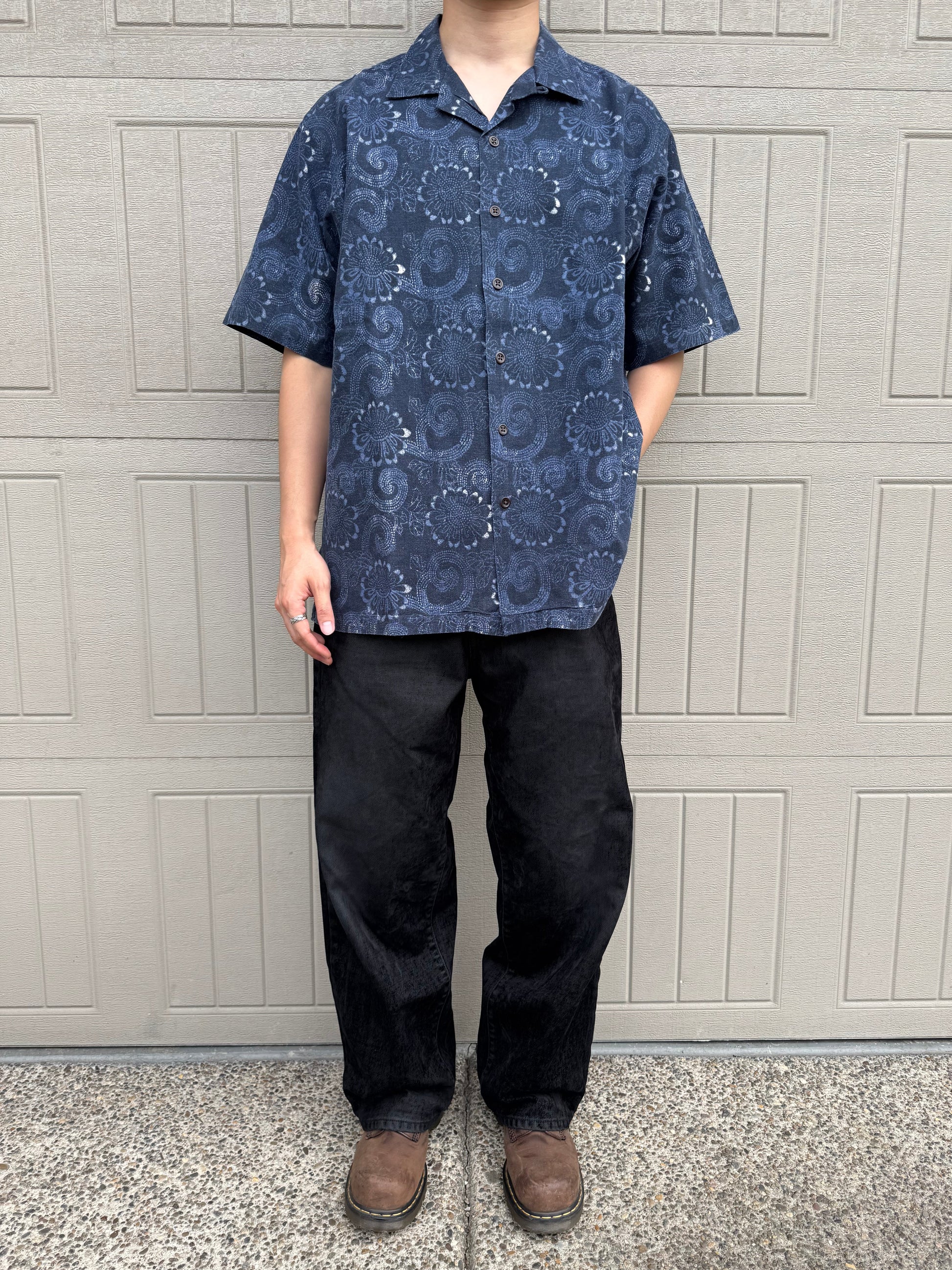 90s-00s Ralph Lauren Caldwell Dark Blue Linen x Cotton Floral Open Collar Shirt KiiChain Clothing