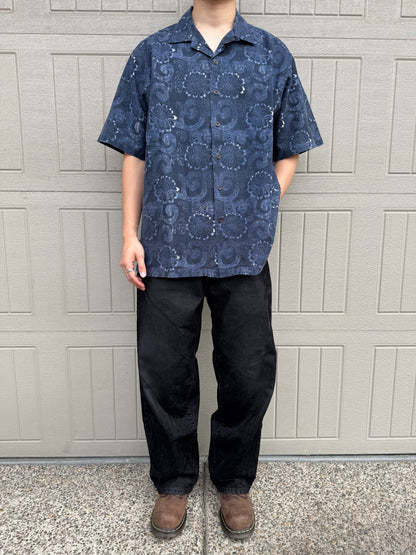 90s-00s Ralph Lauren Caldwell Dark Blue Linen x Cotton Floral Open Collar Shirt KiiChain Clothing