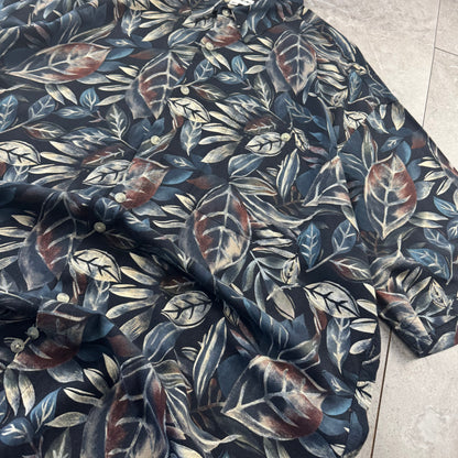 80s-90s Pierre Cardin Black Leaf Pattern 100% Rayon Short Sleeve Shirt XL