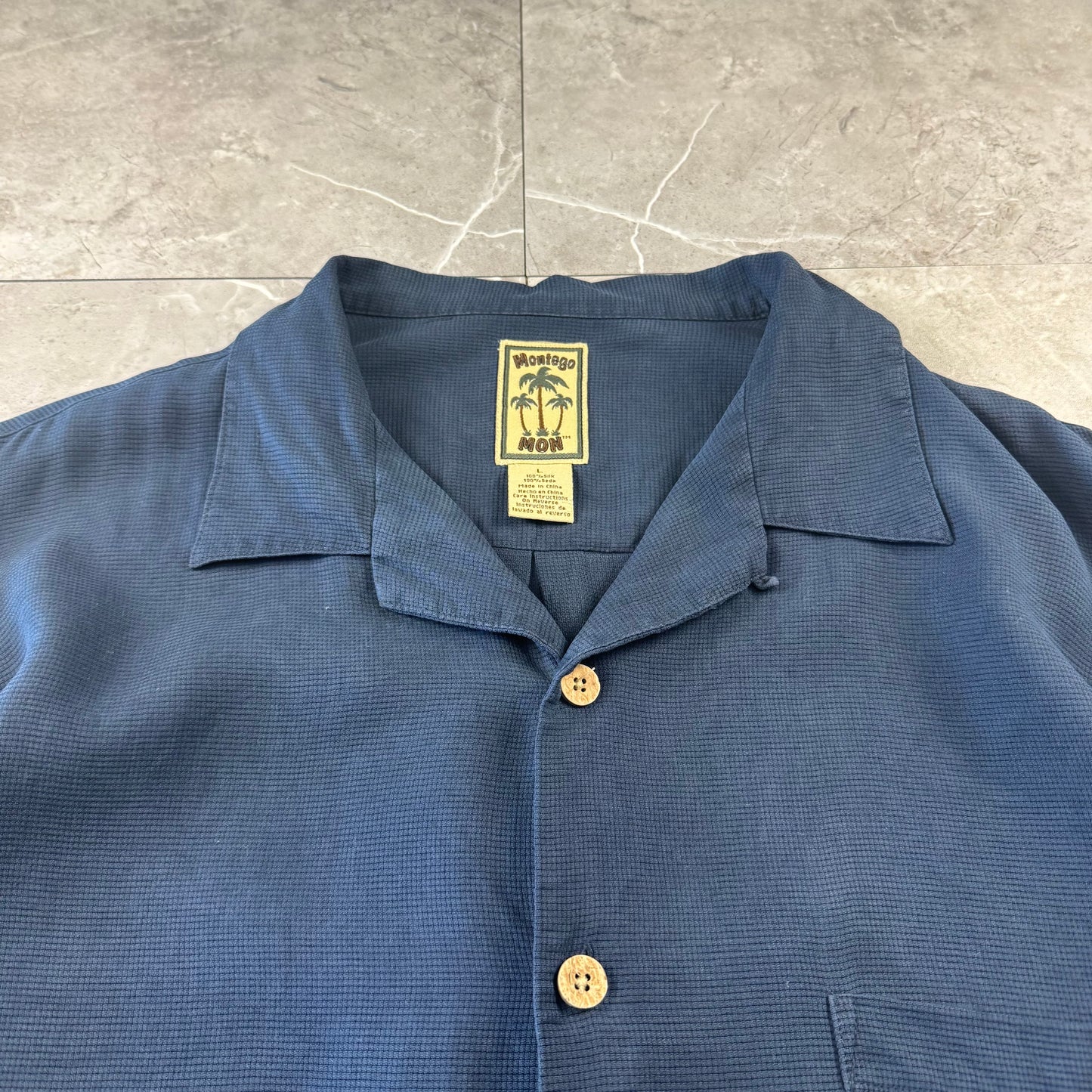 00s Montego MON Black 100% Silk Open Collar Shirt L