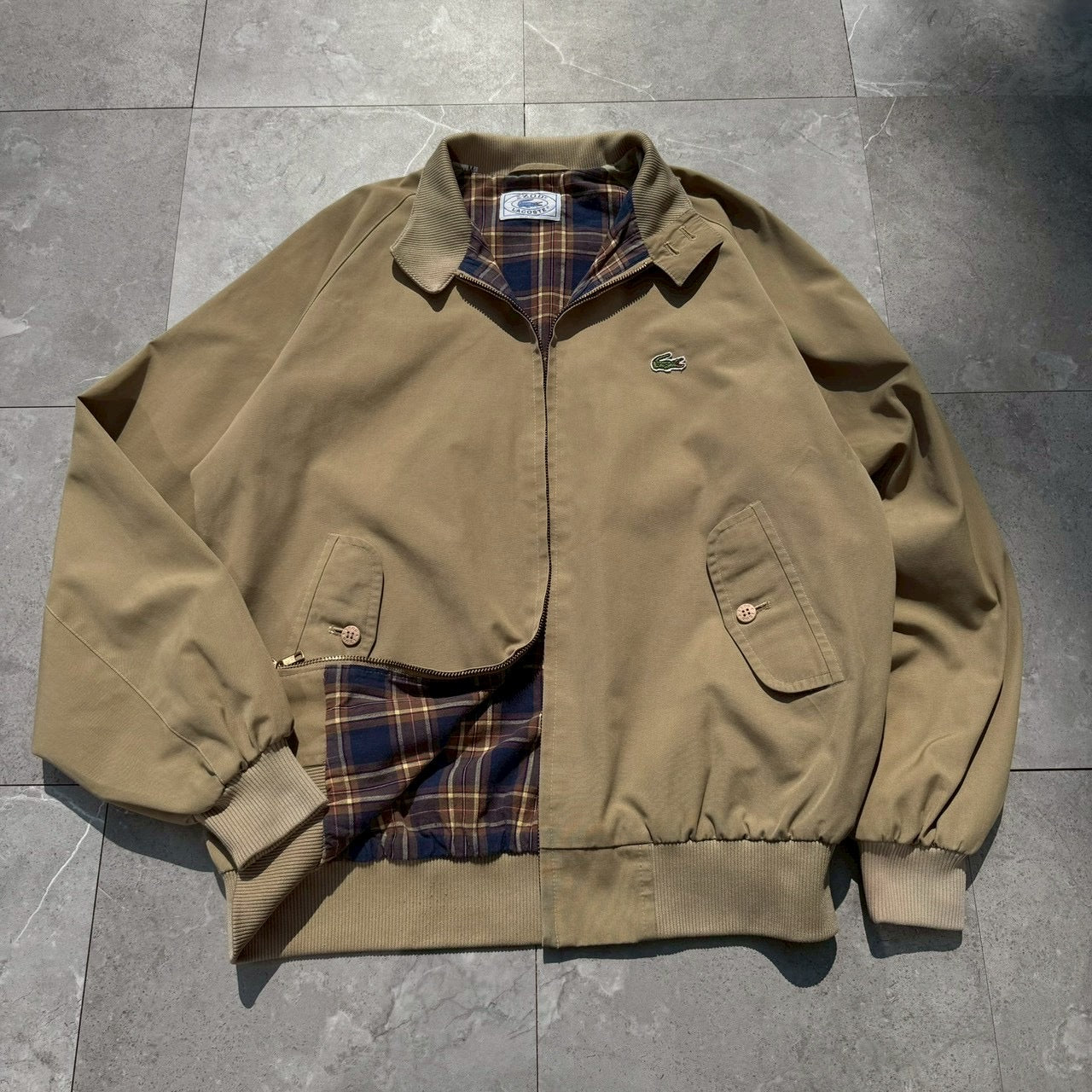 70s-80s Izod x Lacoste Beige Tan Flannel Lined Harrington Jacket