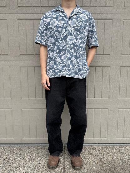 90s Polo by Ralph Lauren Navy Cotton Knit Floral Open Collar Shirt