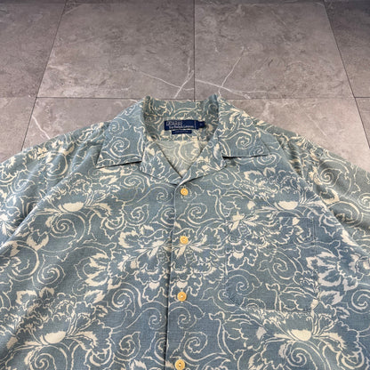 90s Polo by Ralph Lauren Faded Blue Paisley Open Collar Shirt L