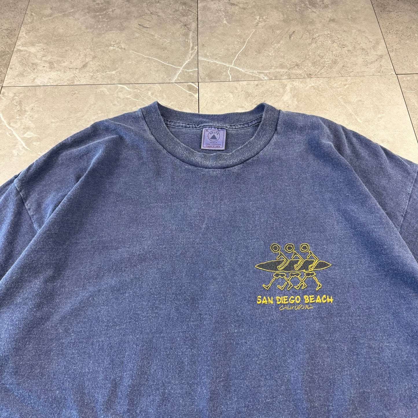 90s Delta San Diego Beach Made in USA Faded Blue Surf Graphic T-Shirt
