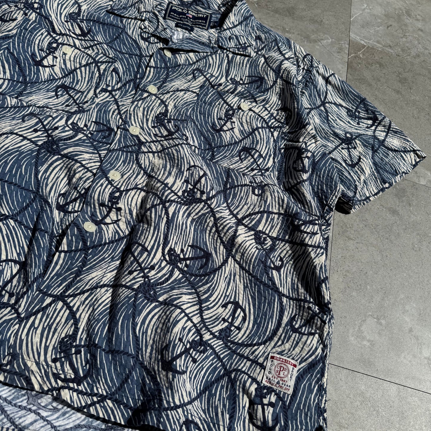 90s-00s Ralph Lauren Polo Sport Anchor Pattern Seersucker Open Collar Shirt KiiChain Clothing