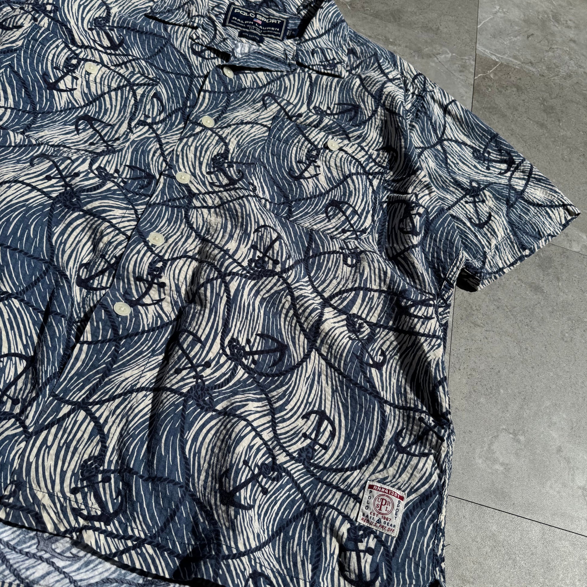 90s-00s Ralph Lauren Polo Sport Anchor Pattern Seersucker Open Collar Shirt KiiChain Clothing