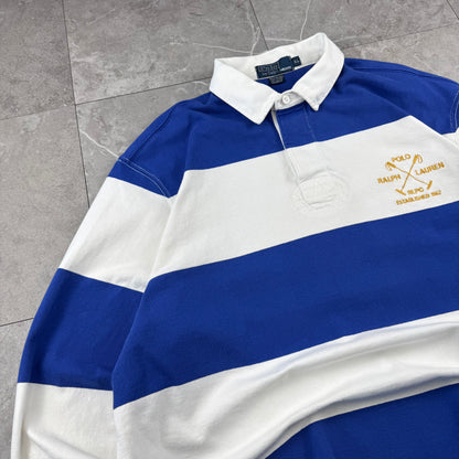 90s Polo by Ralph Lauren Blue & White Rugby Long Sleeve Polo