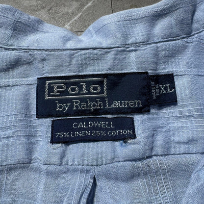 90s-00s Ralph Lauren Caldwell Linen x Cotton Light Blue Checkered Open Collar Shirt KiiChain Clothing